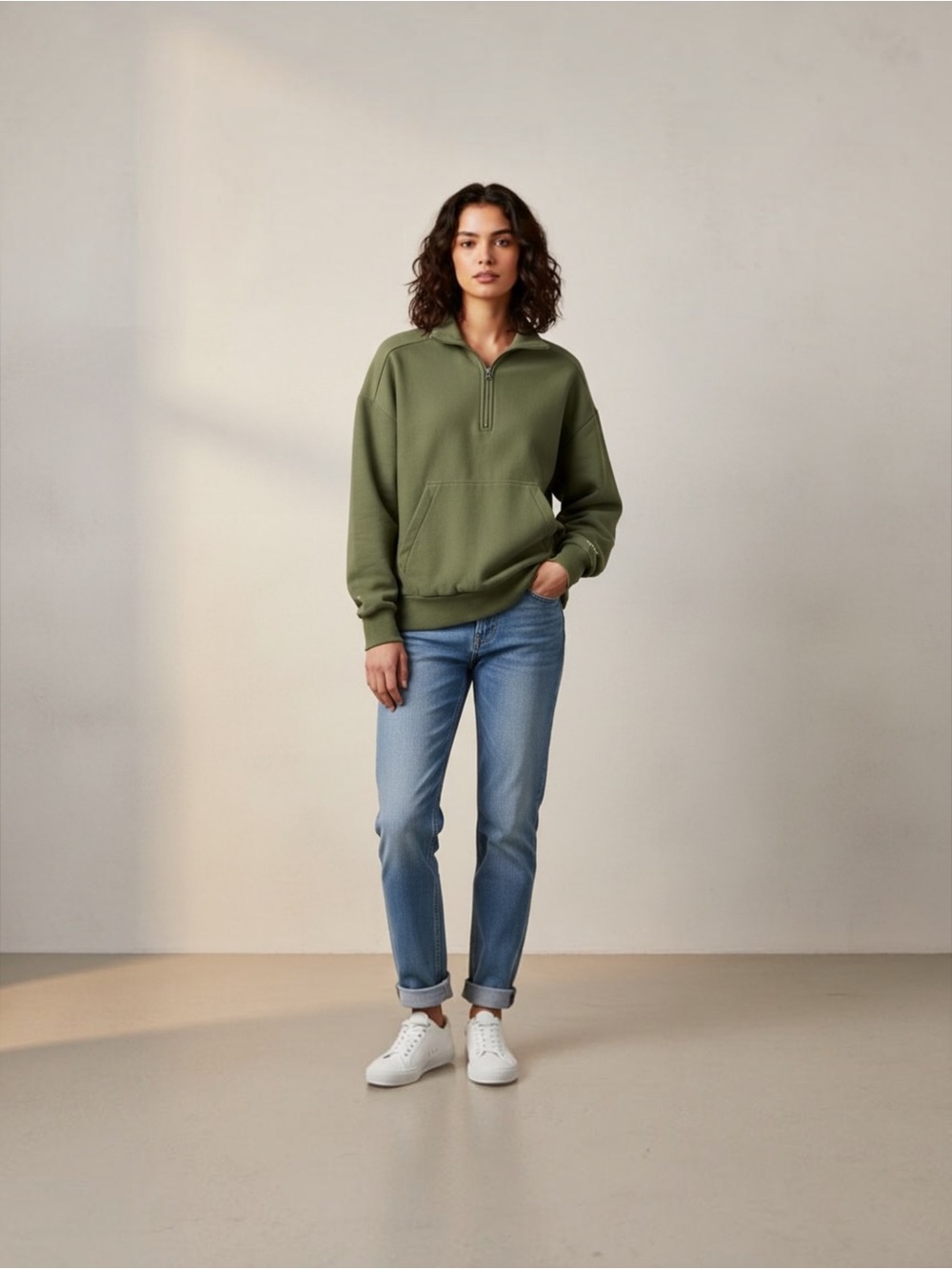 Rag & Bone New York Women’s Olive Green Cotton Quarter-Zip Sweatshirt – Small